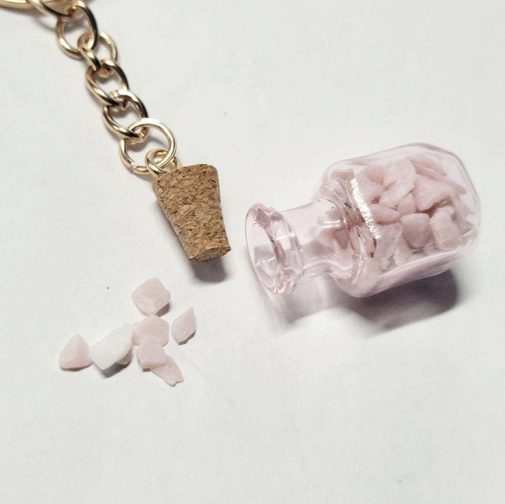 Hand crafted natural pink opal crystal mini wish bottle keyc...