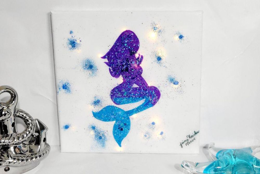 Hand crafted handpainted mermaid abstract glitter and crushe...