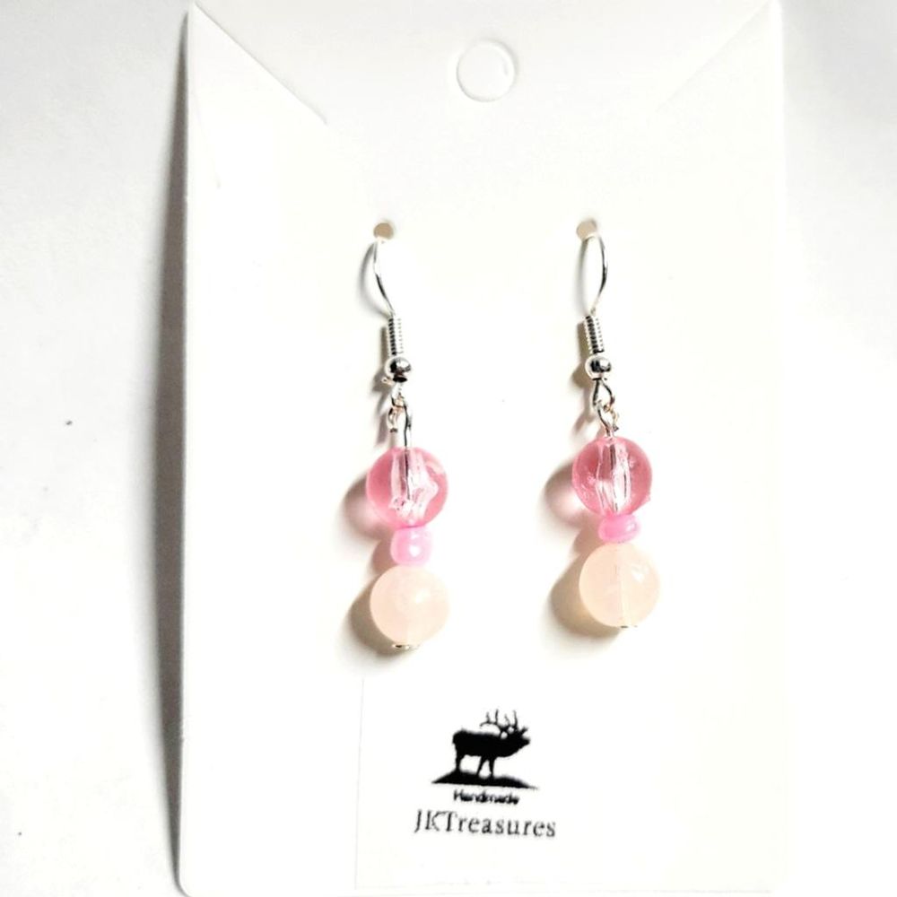 Hand crafted natural rose quartz crystal bead and pink glass...
