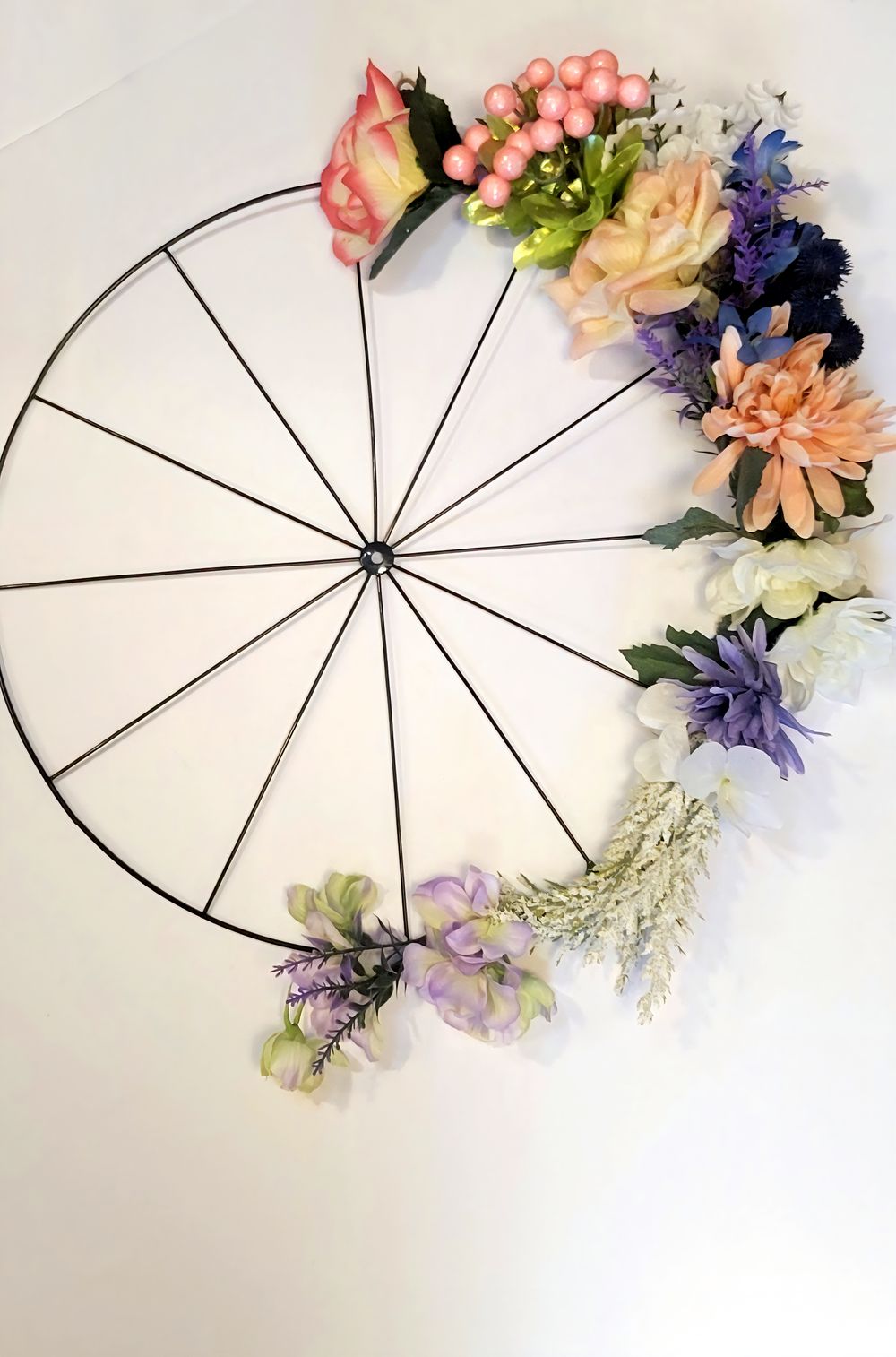 Bicycle Wheel Floral Wreath Farmhouse Wall Decor 14 Inch
