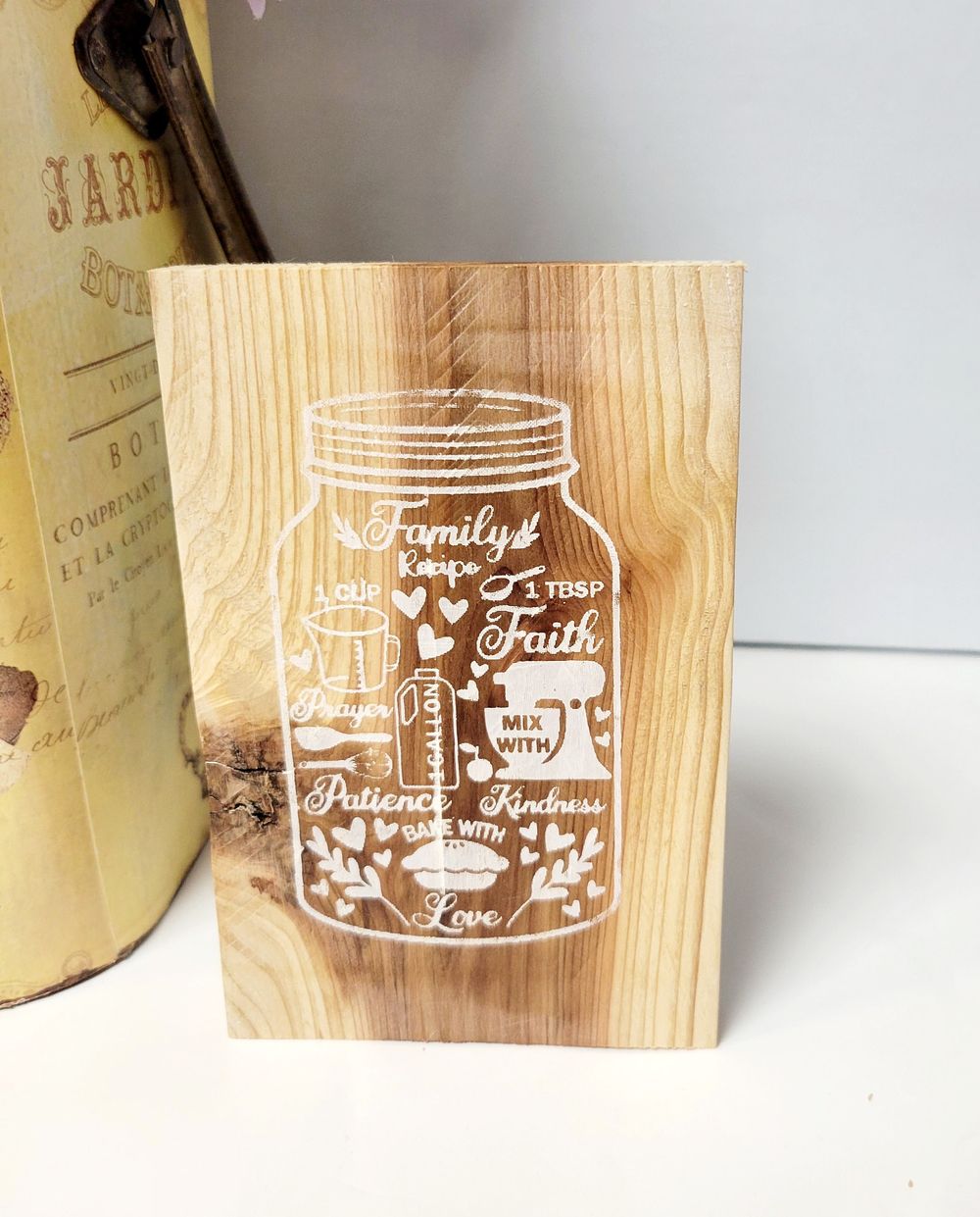 Family recipe jar table art, wall hanging, handpainted rusti...