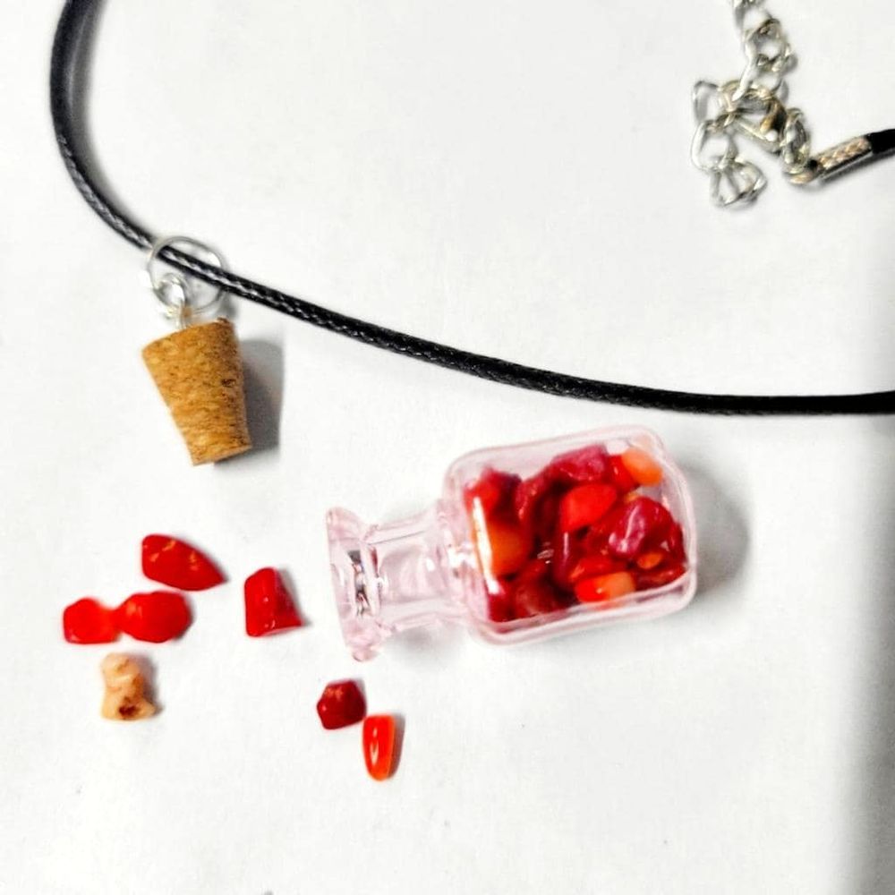 Hand crafted natural red coral crystal mini wish bottle pend...