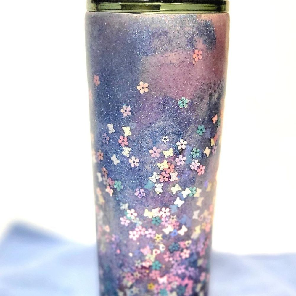 Hand Crafted Purple Glitter 30 Oz Tumbler Butterfly Floral A...