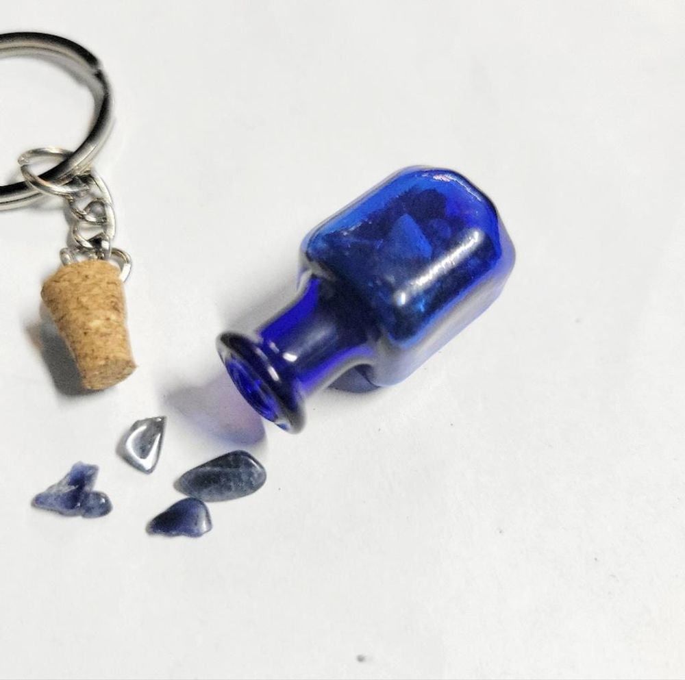 Hand crafted natural blue vein crystal mini wish bottle pend...