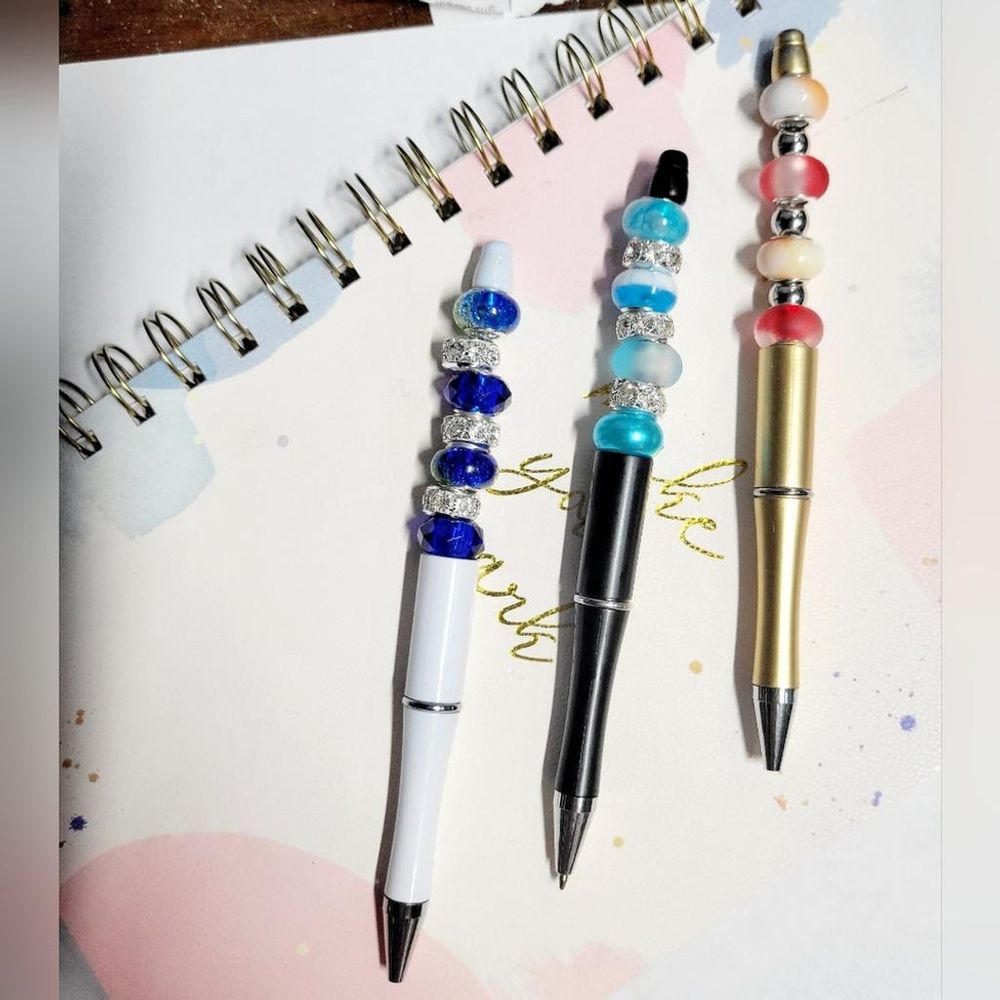 Set of 3x Large Beaded Pens in Black, White, and Gold Hand C...