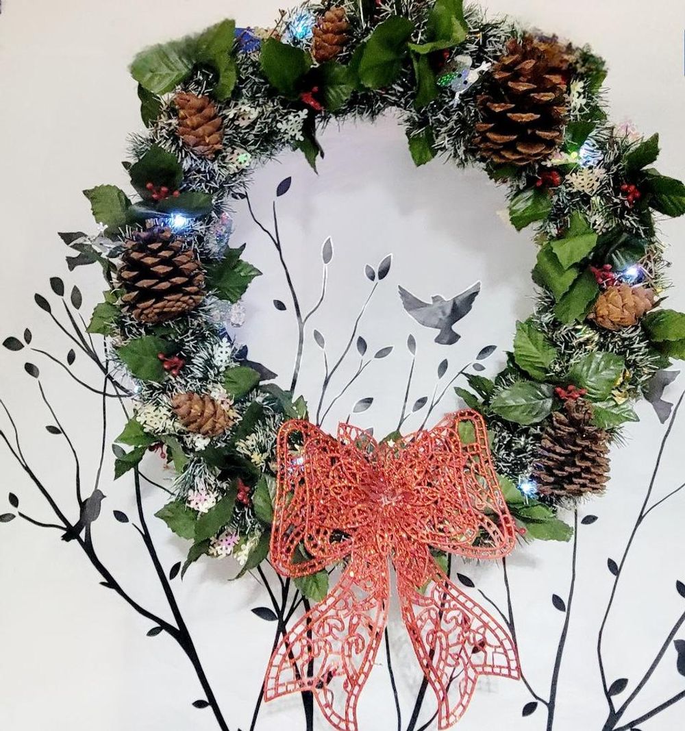 Handcrafted upcycled pre-lit 14" Christmas wreath door hangi...