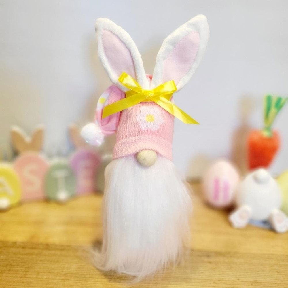 Artisanal Pink Bunny Spring Gnome with Yellow Bow Decor 11"