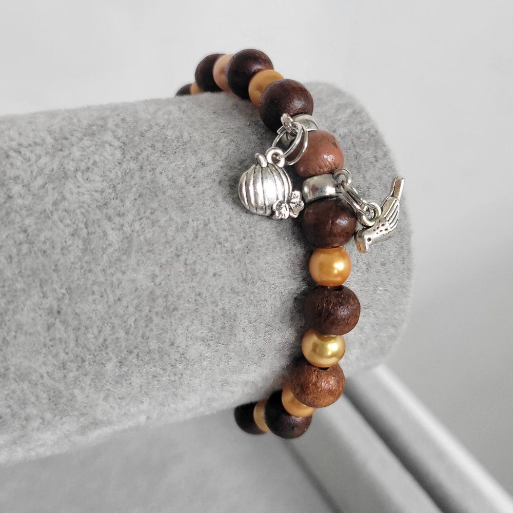 Autumn Fall glass and wood beaded pumpkin and bird charm bra...