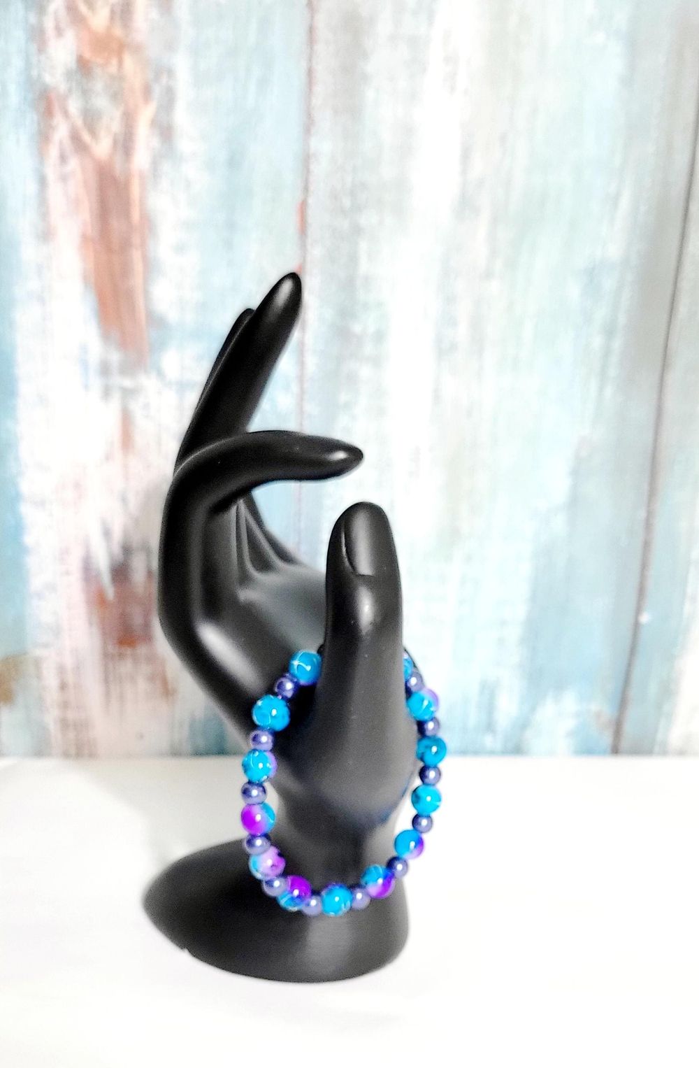 Hand crafted purple and blue acrylic bead and purple glass b...